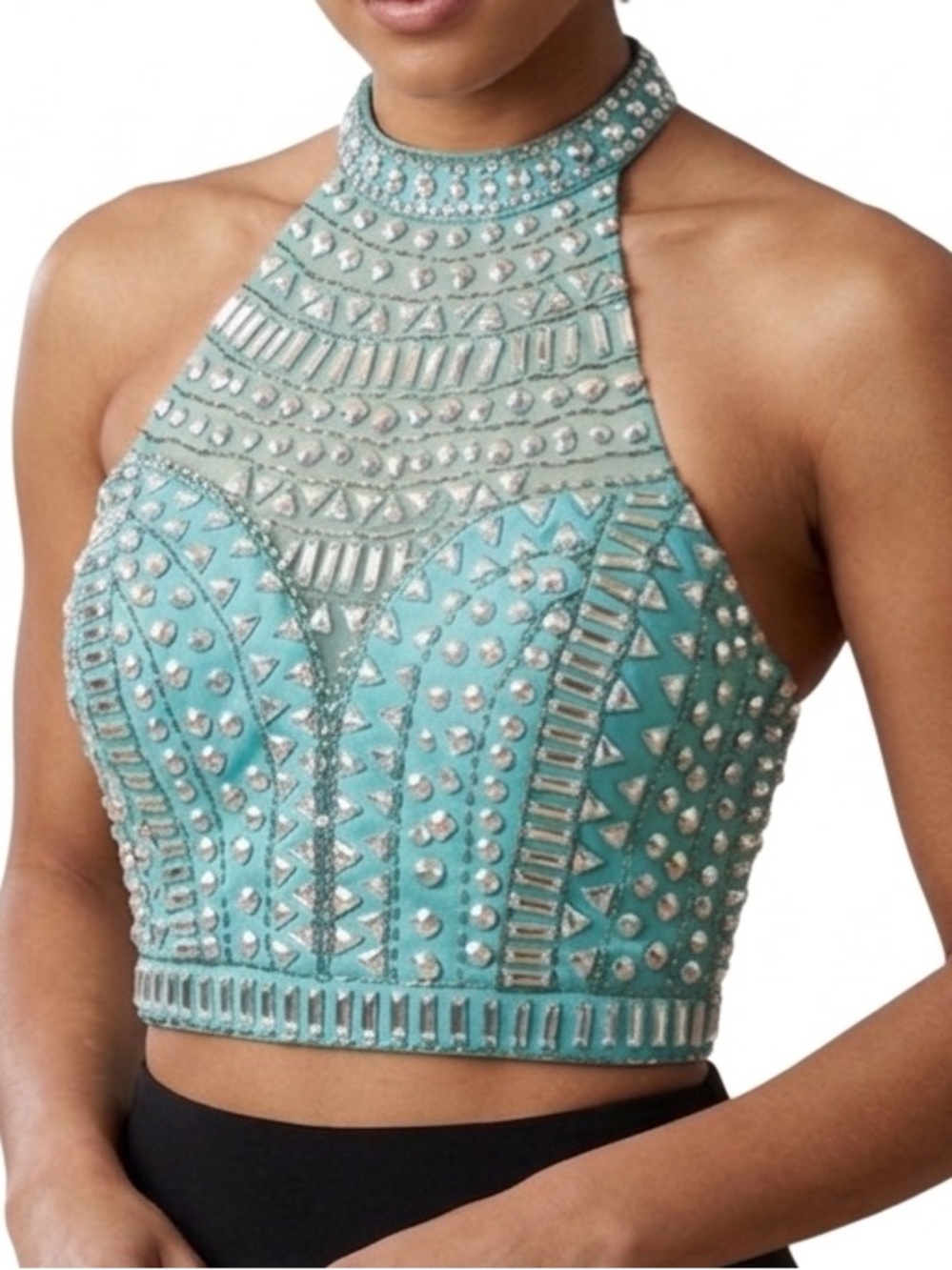 Alex & Sophia Jewel Halter Top Teal Iridescent Festival Rave Top Fairy Diamond